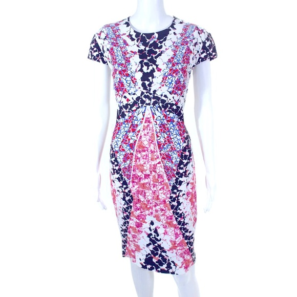 PETER PILOTTO - fitted long sleeved dress optical print red blue white - size 4 - Picture 2 of 10